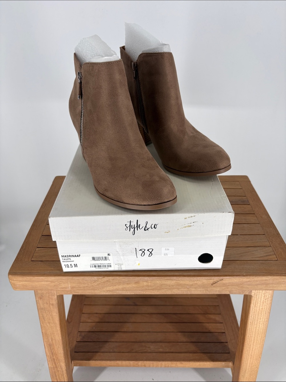 New Style & Co Women’s Taupe Suede Ankle Booties - Stylish Side Zip size 10.5 M